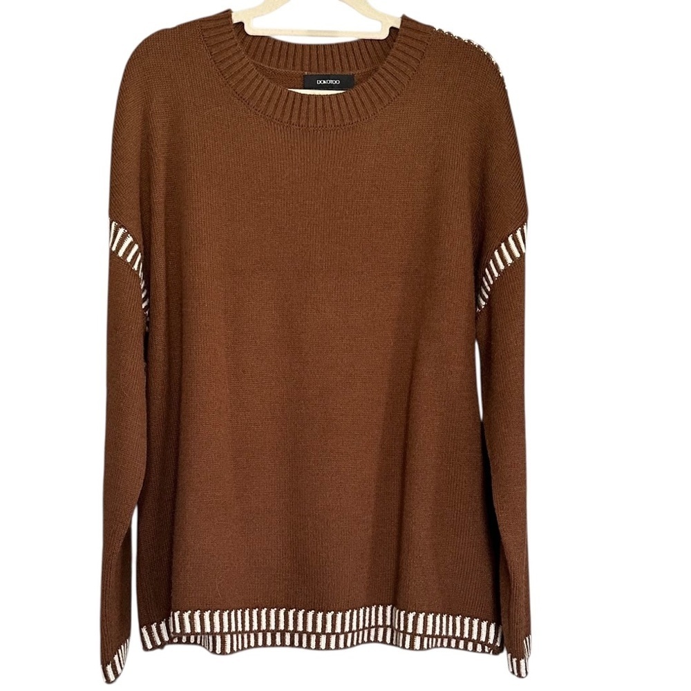 Brown Crewneck Sweater Cream Stitching at Hem & Sleeve Relaxed Fit Knit Size XL